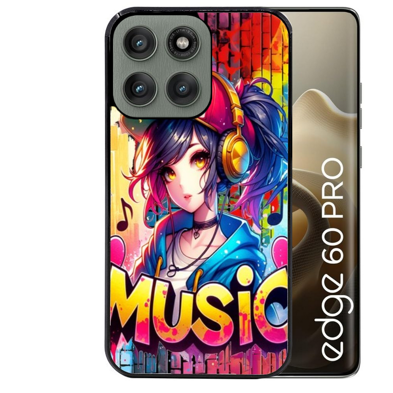 Coque noire taperso pour Moto Edge 60 et Neo Fusion Pro avec motif anime manga et music protection antichoc personnalisée