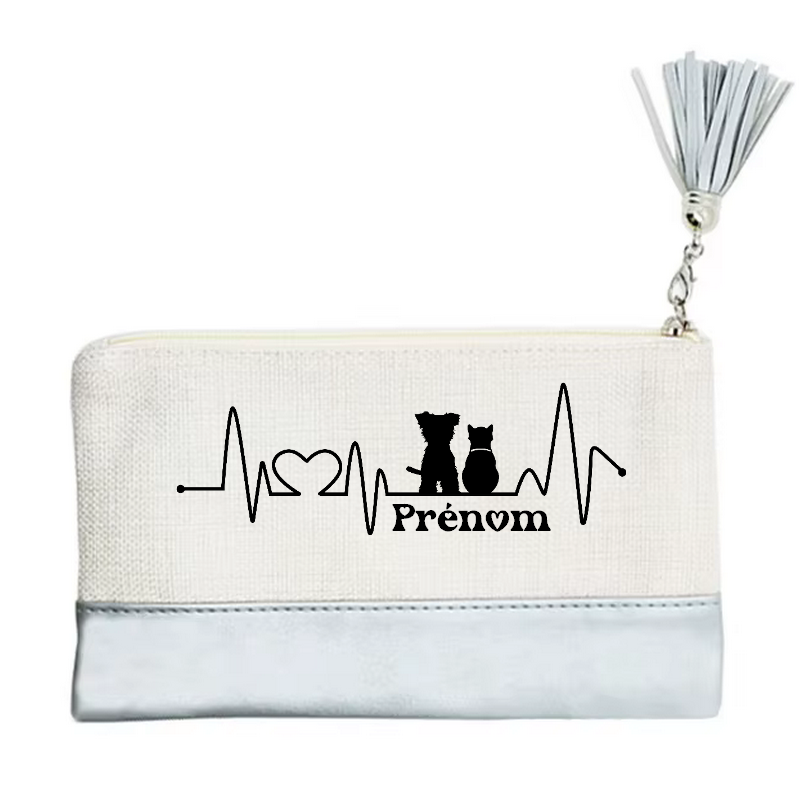 Pochette personnalisée motif chat et chien love en toile et simili cuir personnalisée