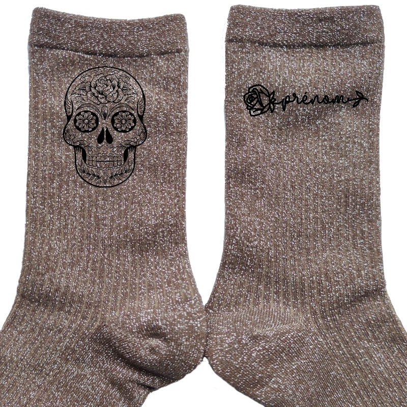 Chaussettes personnalisée paillettes bronze motif mort mexicaine
