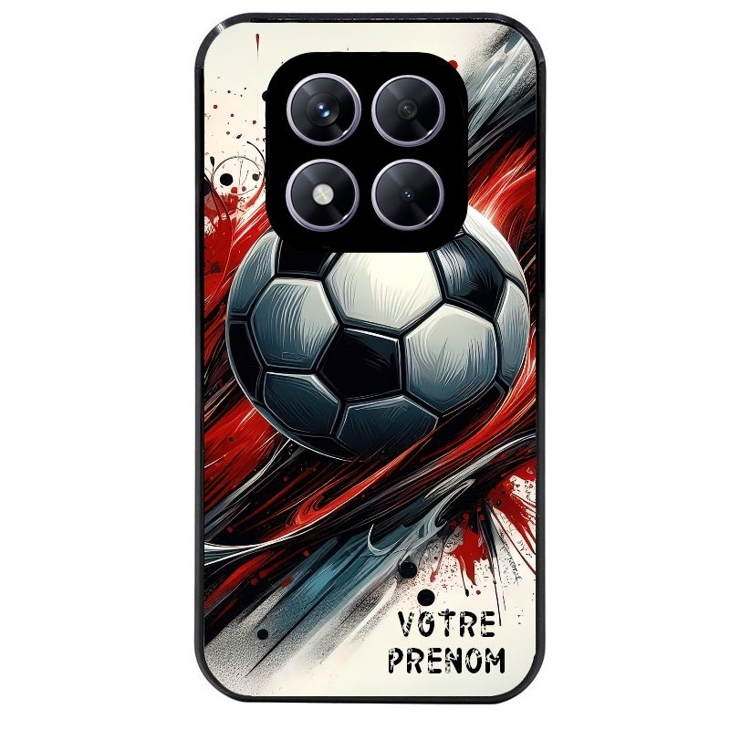 Coque noire taperso pour Redmi Note 14 et PRO PLUS 4G 5G avec motif ballon foot avec prenom protection antichoc personnalisée