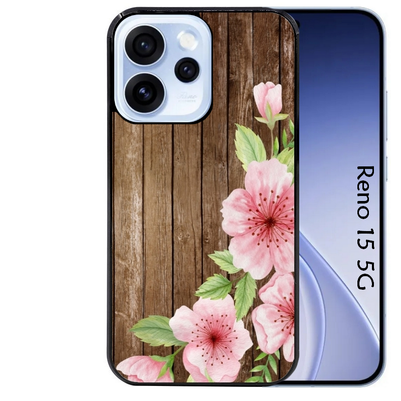 Coque noire taperso pour OPPO Reno 15 et F FS 5G avec motif bois avec fleur rose protection antichoc personnalisée