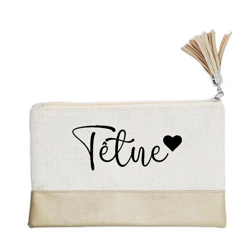Pochette personnalisée motif votre prénom ou mot petit cœur en toile et simili cuir personnalisée