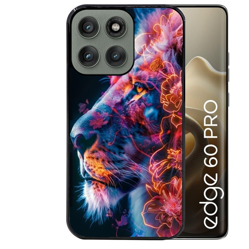 Coque noire taperso pour Moto Edge 60 et Neo Fusion Pro avec motif lion fluo protection antichoc personnalisée