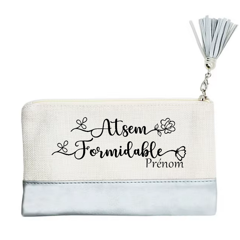 Pochette personnalisée motif Atsem formidable en toile et simili cuir personnalisée