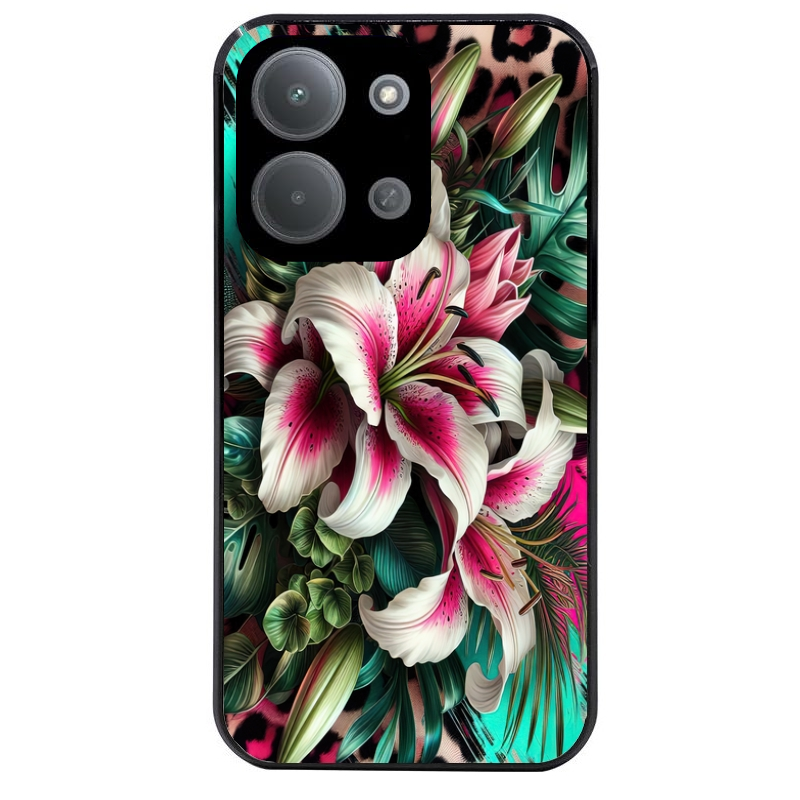 Coque noire taperso pour POCO C85 avec motif leopard hibiscus protection antichoc personnalisée