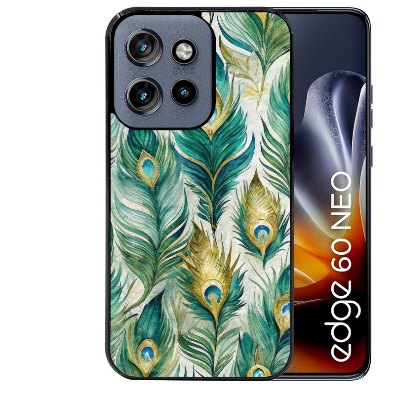 Coque noire taperso pour Moto Edge 60 et Neo Fusion Pro avec motif paon plumes protection antichoc personnalisée
