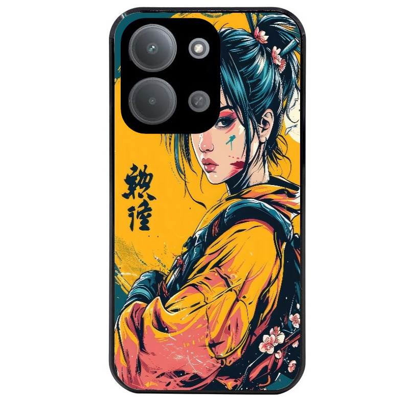 Coque noire taperso pour POCO C85 avec motif samourai girl anime protection antichoc personnalisée