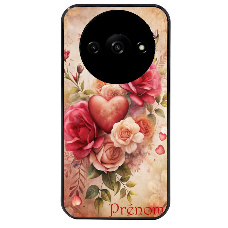 Coque noire taperso pour Redmi A3 avec motif coeur et fleur personnalisee protection antichoc personnalisée