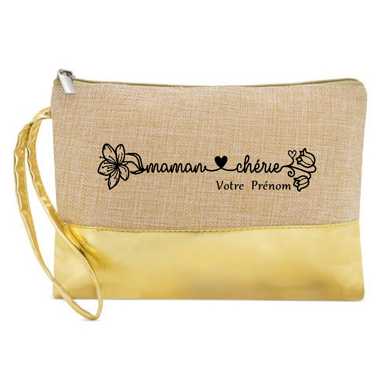 Pochette personnalisée maman chérie en jute et doré en jute et doré