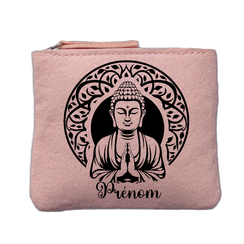 Porte monnaie personnalisé motif bouddha mandala rose clair en feutrine en feutrine