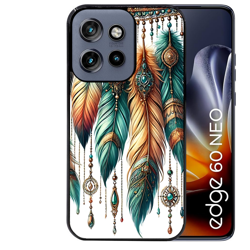 Coque noire taperso pour Moto Edge 60 et Neo Fusion Pro avec motif plumes et bijoux protection antichoc personnalisée