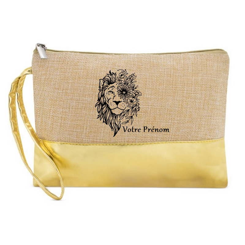 Pochette personnalisée lion et lfeurs en jute et doré en jute et doré