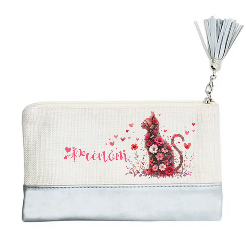 Pochette personnalisée motif chat fleur en toile et simili cuir personnalisée