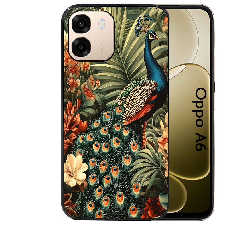 Coque noire taperso pour OPPO A6 A6X 4G et 5G avec motif paon tropical protection antichoc personnalisée