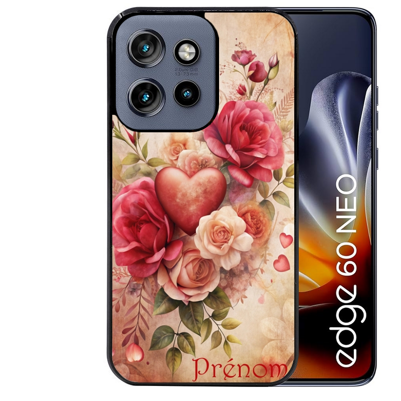 Coque noire taperso pour Moto Edge 60 et Neo Fusion Pro avec motif coeur et fleur personnalisee protection antichoc personnalisée