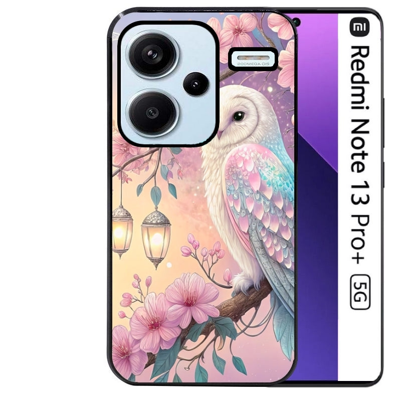 Coque noire taperso pour Redmi Note 13 PRO PLUS 5G avec motif chouette cerisier protection antichoc personnalisée