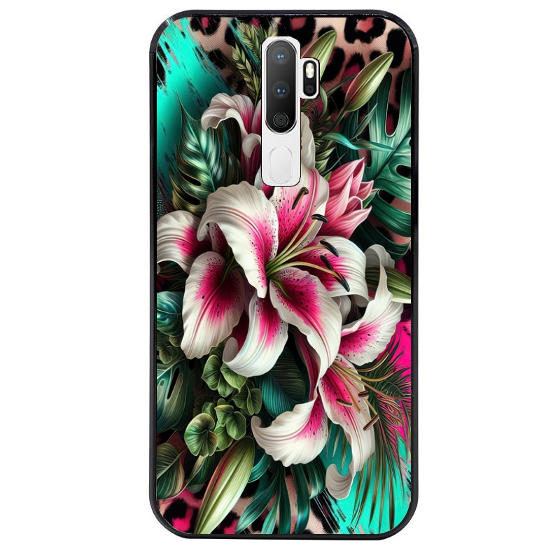 Coque noire taperso pour OPPO A5 A9 2020 avec motif leopard hibiscus protection antichoc personnalisée