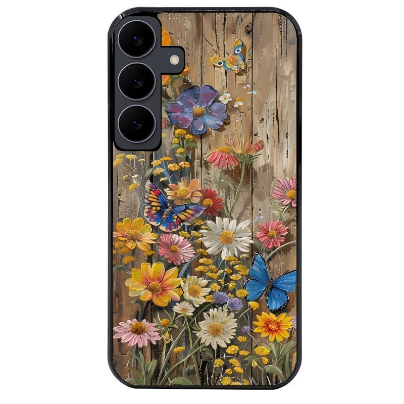 Coque noire taperso pour galaxy A06 A16 A26 A36 A56 avec motif bois et papillon 1 protection antichoc personnalisée