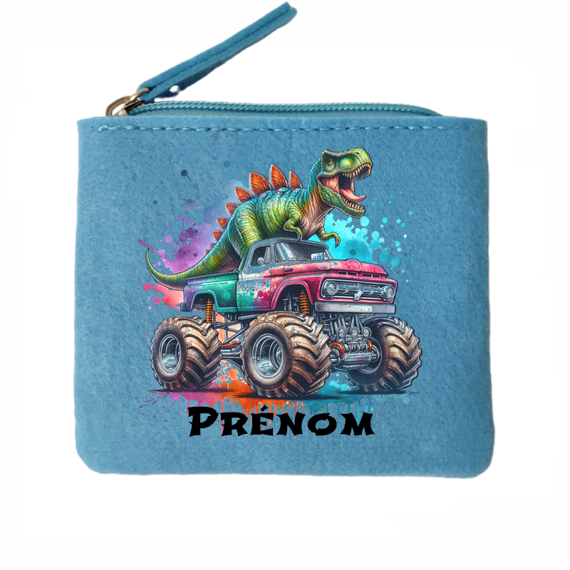 Porte monnaie personnalisé dino truck en feutrine en feutrine