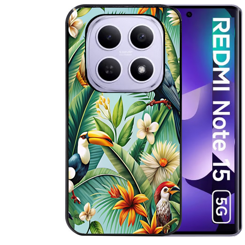 Coque noire taperso pour Redmi Note 15 et PRO PLUS 4G 5G avec motif perroquet tropical protection antichoc personnalisée