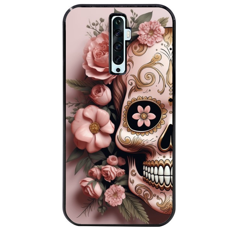 Coque noire taperso pour OPPO Reno 2 et 2Z avec motif tete de mort calavera rose protection antichoc personnalisée