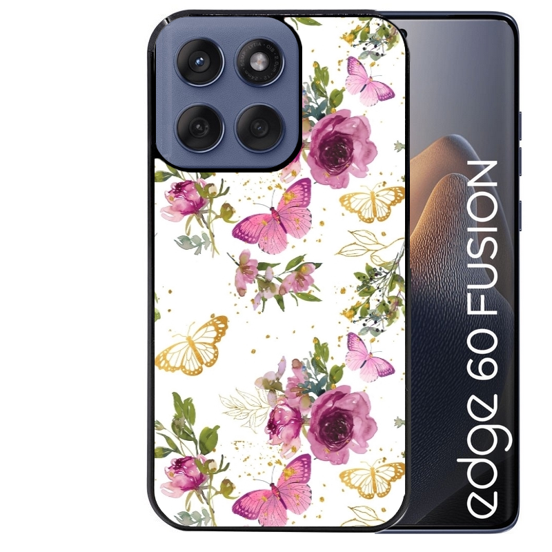 Coque noire taperso pour Moto Edge 60 et Neo Fusion Pro avec motif fleur et papillon protection antichoc personnalisée