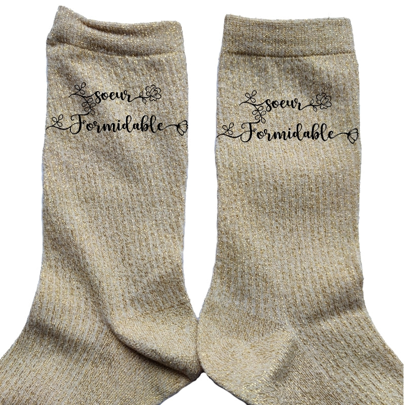 Chaussettes personnalisée paillettes doré motif soeur formidable