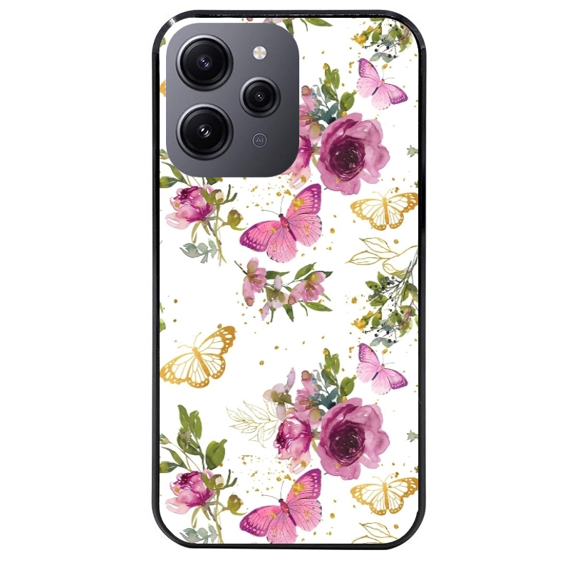 Coque noire taperso pour Redmi 12 4G et 5G avec motif fleur et papillon protection antichoc personnalisée