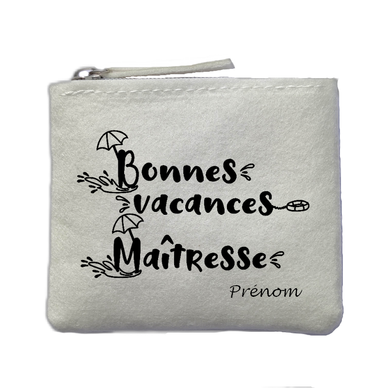Porte monnaie personnalisé maitresse vacances ivoire en feutrine en feutrine ivoire
