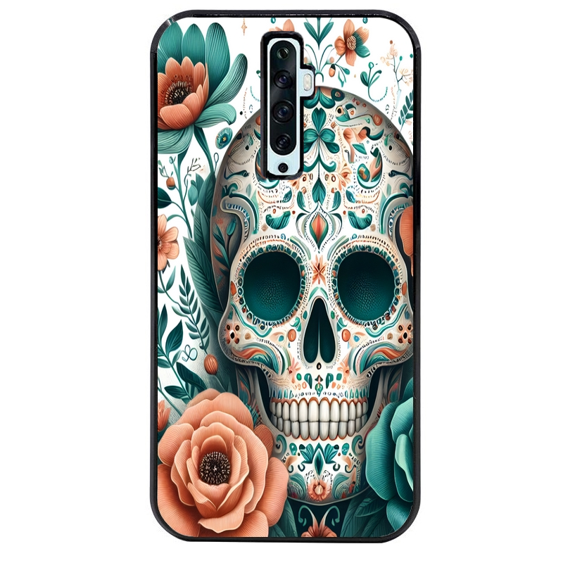 Coque noire taperso pour OPPO Reno 2 et 2Z avec motif mort mexicaine turquoise protection antichoc personnalisée