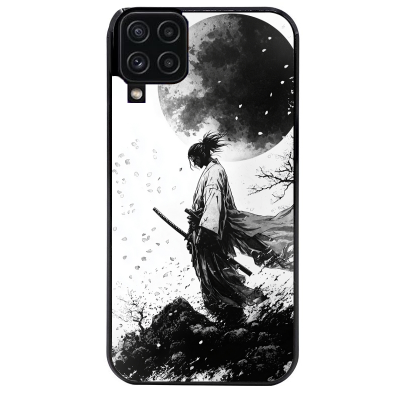 Coque noire taperso pour galaxy A22 A32 A52 A52S 4G 5G  avec motif samourai et lune protection antichoc personnalisée