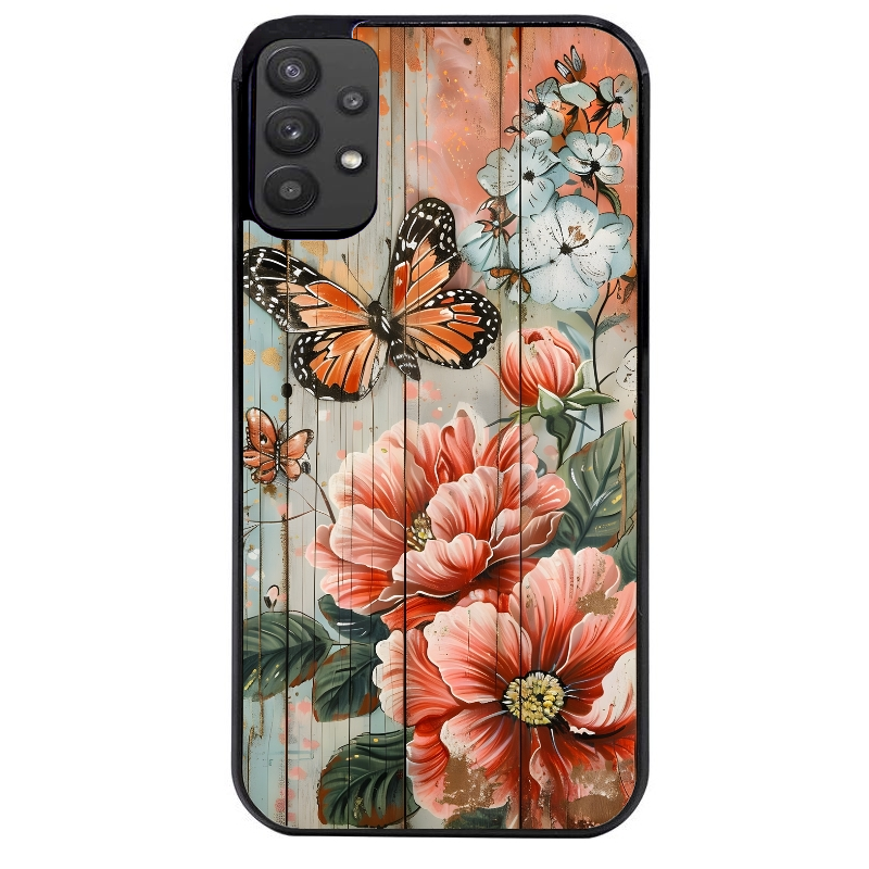 Coque noire taperso pour galaxy A22 A32 A52 A52S 4G 5G  avec motif bois et papillon 3 protection antichoc personnalisée