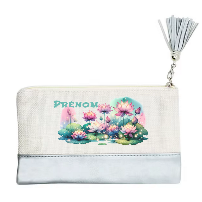 Pochette personnalisée motif fleur lotus en toile et simili cuir personnalisée