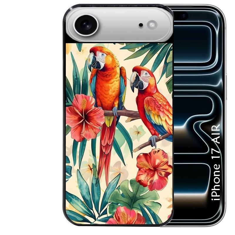 Coque noire taperso pour Iphone 17 17E AIR MAX PRO avec motif perroquet et fleurs protection antichoc personnalisée