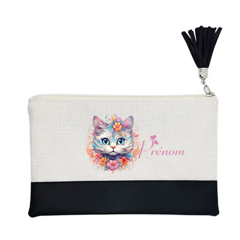 Pochette personnalisée motif chat pastel en toile et simili cuir personnalisée