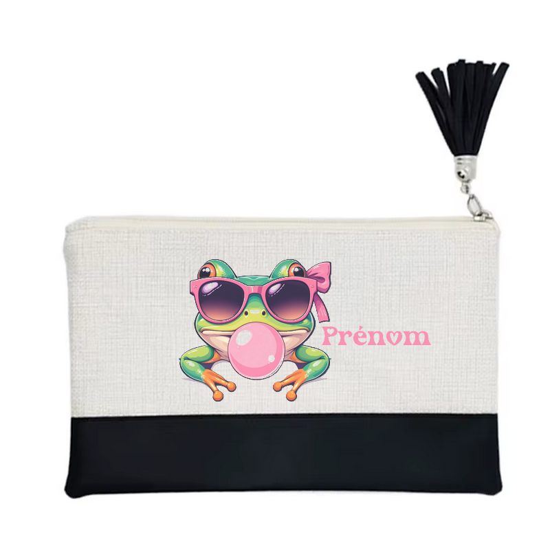 Pochette personnalisée motif grenouille bubble en toile et simili cuir personnalisée