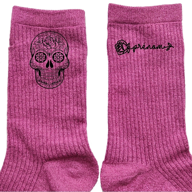 Chaussettes personnalisée paillettes rose motif mort mexicaine