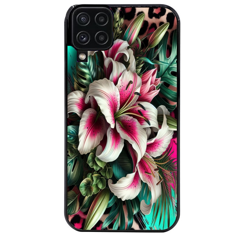 Coque noire taperso pour galaxy A22 A32 A52 A52S 4G 5G  avec motif leopard hibiscus protection antichoc personnalisée