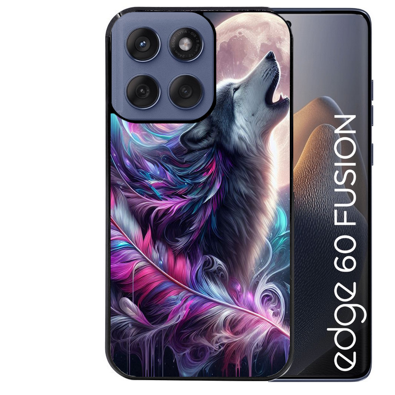 Coque noire taperso pour Moto Edge 60 et Neo Fusion Pro avec motif loup et plume protection antichoc personnalisée