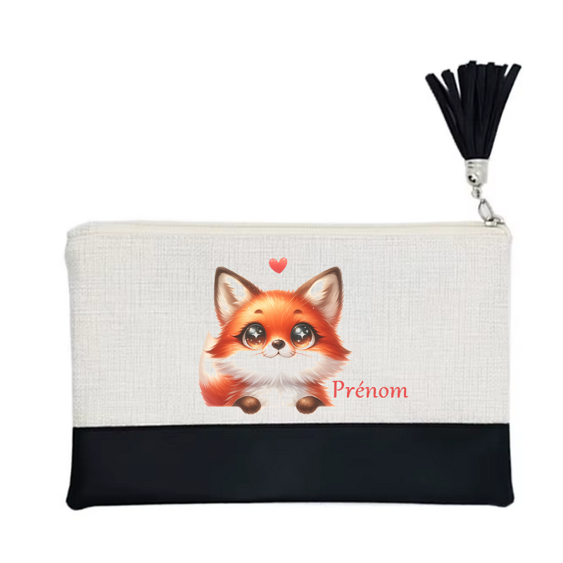 Pochette personnalisée motif fox renard cœur en toile et simili cuir personnalisée