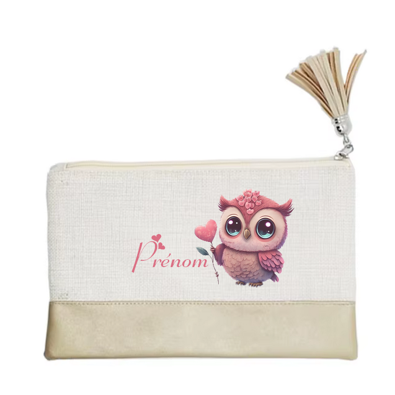 Pochette personnalisée motif chouette cœur en toile et simili cuir personnalisée
