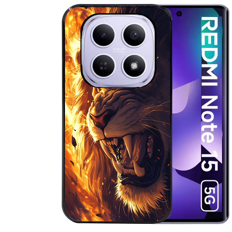 Coque noire taperso pour Redmi Note 15 et PRO PLUS 4G 5G avec motif lion flamme protection antichoc personnalisée
