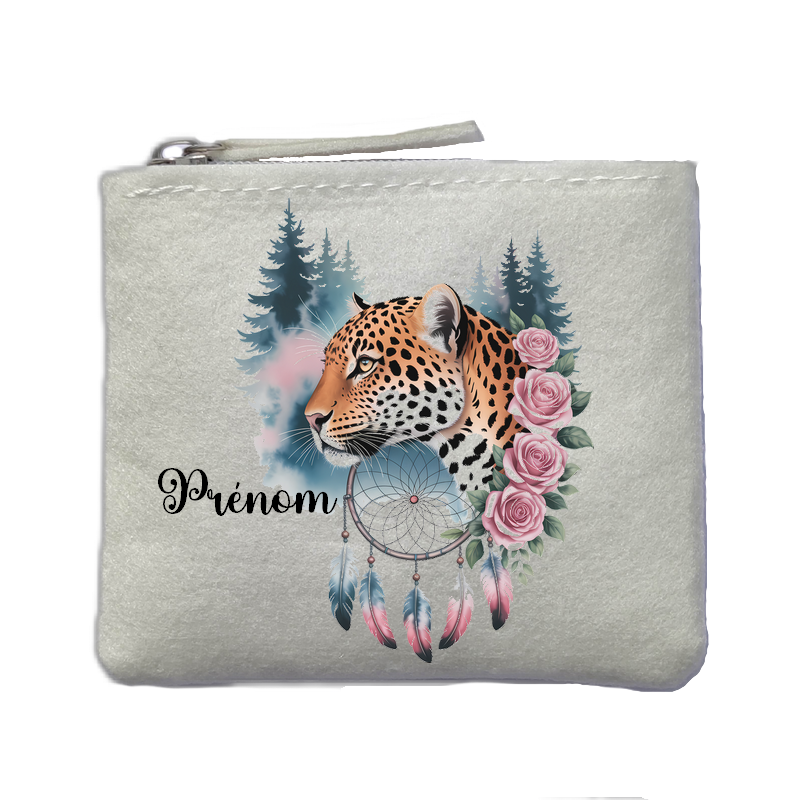 Porte monnaie personnalisé dreamcatcher leopard ivoire en feutrine en feutrine ivoire