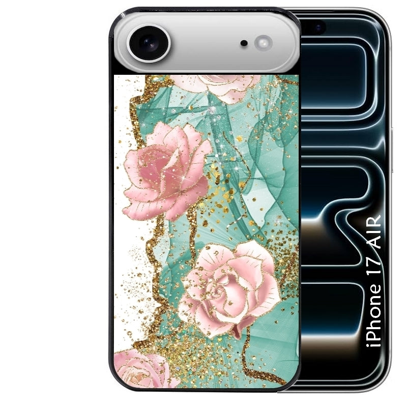Coque noire taperso pour Iphone 17 17E AIR MAX PRO avec motif marbre fleur turquoise protection antichoc personnalisée