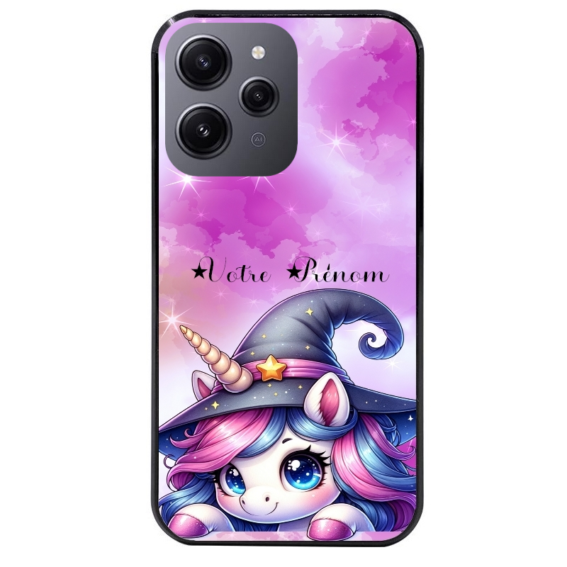 Coque noire taperso pour Redmi 12 4G et 5G avec motif licorne magic avec prenom protection antichoc personnalisée