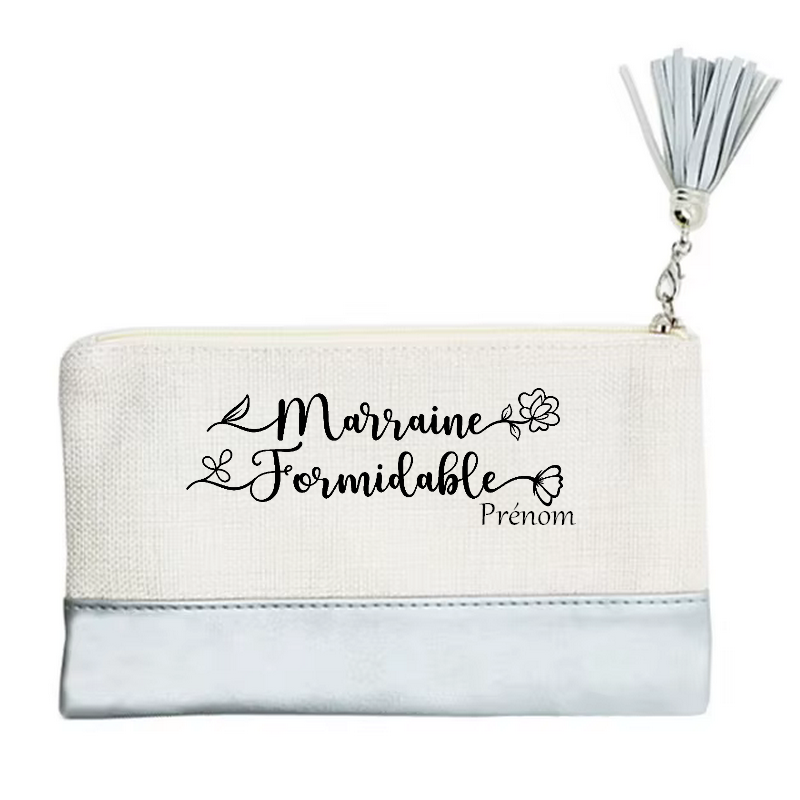 Pochette personnalisée motif marraine formidable en toile et simili cuir personnalisée