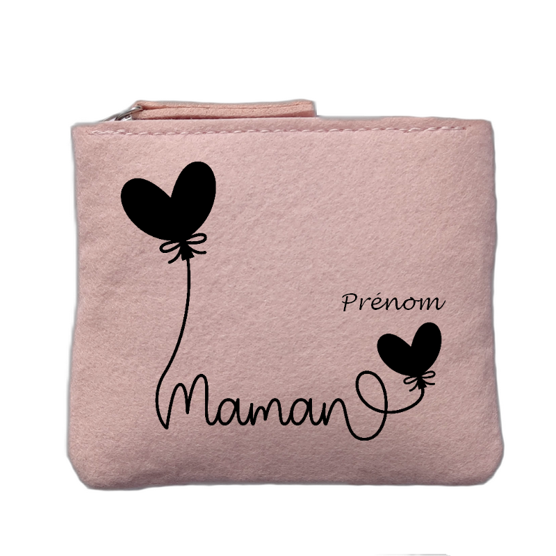 Porte monnaie personnalisé motif maman ballon rose clair en feutrine en feutrine