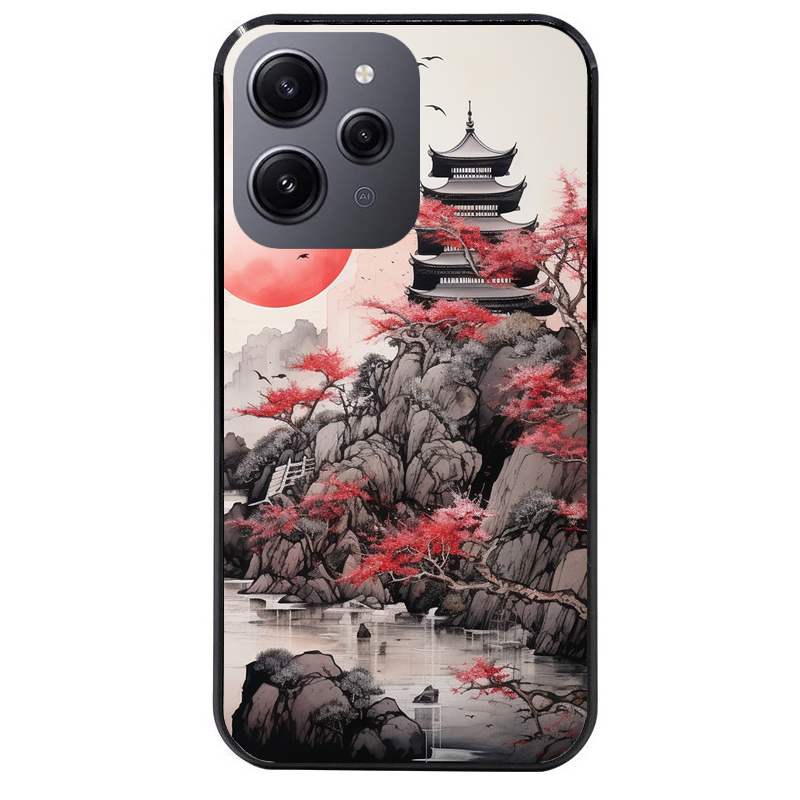 Coque noire taperso pour Redmi 12 4G et 5G avec motif japan et temple protection antichoc personnalisée