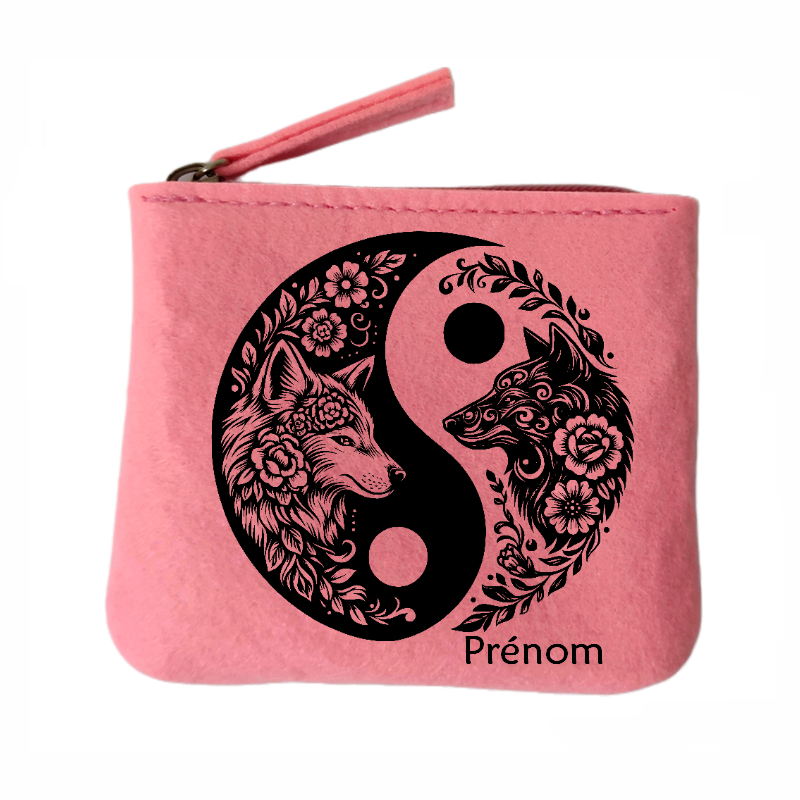 Porte monnaie personnalisé yin yang loup en feutrine en feutrine