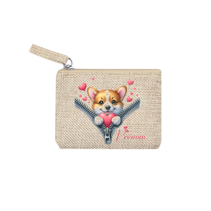 Pochette personnalisée motif chien zip en toile et simili cuir personnalisée